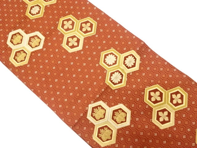 亀甲に桐・菊模様織り出し　袋帯